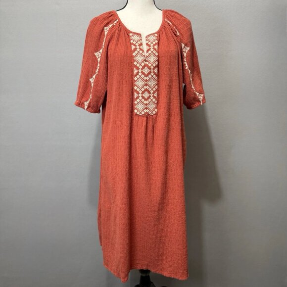 J Jill Coral Orange Midi Dress Sz M Embroidered Textured Boho Southwest A-Line - Picture 1 of 7